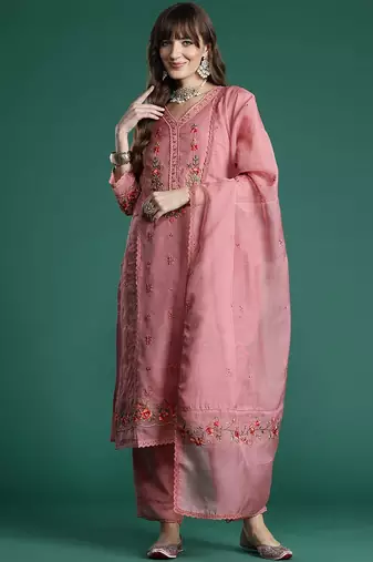 Floral Embroidered Thread Work Kurta with Trousers & With Dupatta