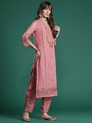 Floral Embroidered Thread Work Kurta with Trousers & With Dupatta 6