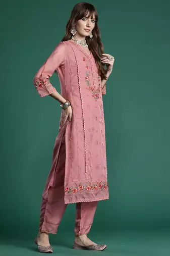 Floral Embroidered Thread Work Kurta with Trousers & With Dupatta