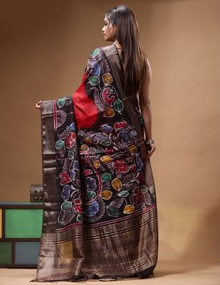 red & black hand-painted silk blend saree with multicolor floral motifs & golden zari border 3