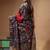 red & black hand-painted silk blend saree with multicolor floral motifs & golden zari border