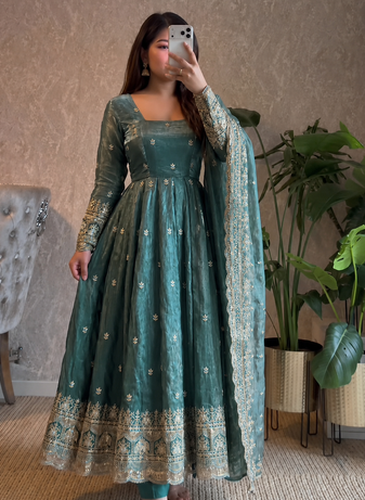 rama green color sequin embroidery silk blend gown set
