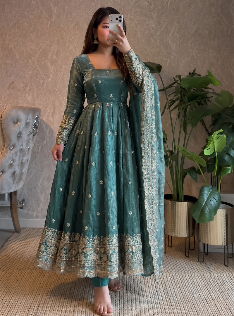 rama green color sequin embroidery silk blend gown set