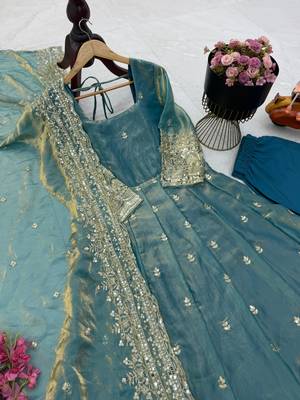 rama green color sequin embroidery silk blend gown set 4