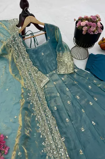 rama green color sequin embroidery silk blend gown set