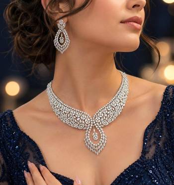 Luxury CZ Bridal Necklace Set, Rhodium Plated Brass, Teardrop Floral Design 1