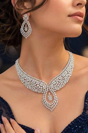 Luxury CZ Bridal Necklace Set, Rhodium Plated Brass, Teardrop Floral Design