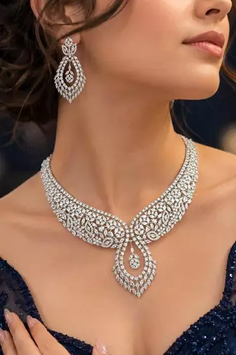 Luxury CZ Bridal Necklace Set, Rhodium Plated Brass, Teardrop Floral Design