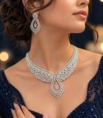 Luxury CZ Bridal Necklace Set, Rhodium Plated Brass, Teardrop Floral Design