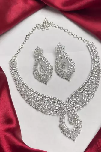 Luxury CZ Bridal Necklace Set, Rhodium Plated Brass, Teardrop Floral Design