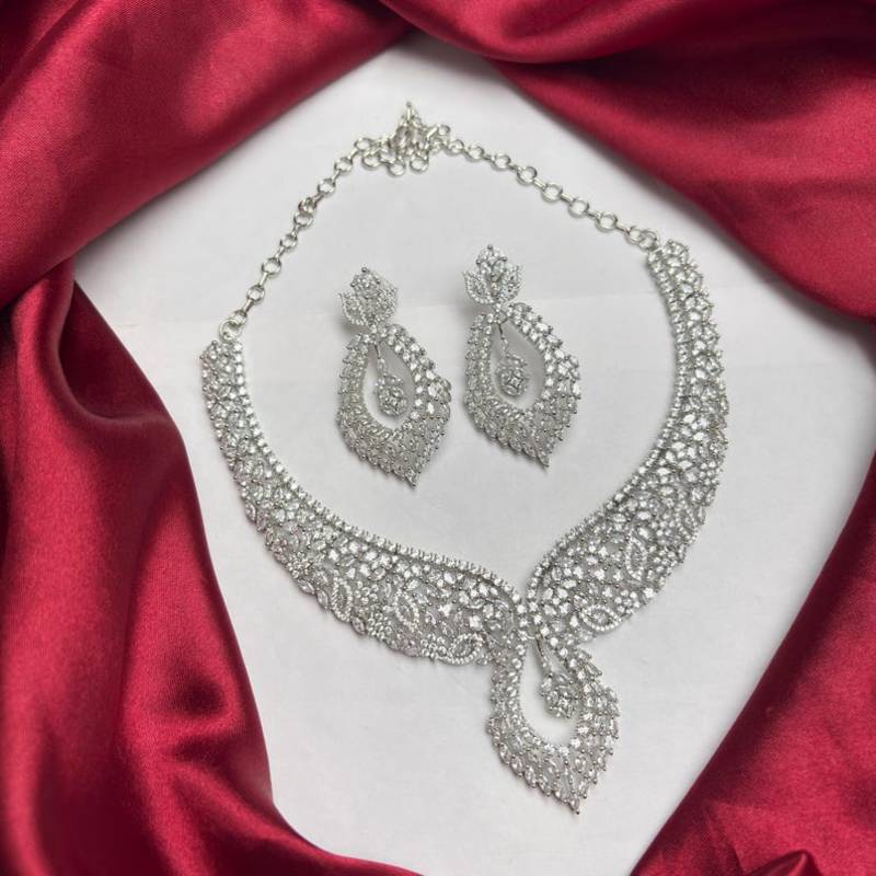 Luxury CZ Bridal Necklace Set, Rhodium Plated Brass, Teardrop Floral Design
