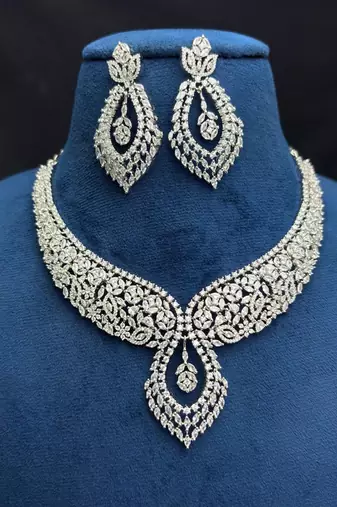 Luxury CZ Bridal Necklace Set, Rhodium Plated Brass, Teardrop Floral Design