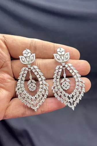 Luxury CZ Bridal Necklace Set, Rhodium Plated Brass, Teardrop Floral Design
