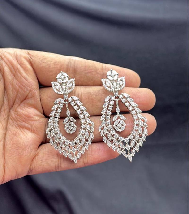 Luxury CZ Bridal Necklace Set, Rhodium Plated Brass, Teardrop Floral Design