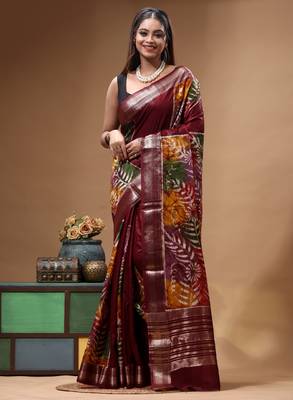 elegant brown silk blend saree with hand-painted floral art & golden zari border 1