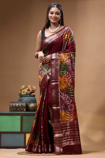 elegant brown silk blend saree with hand-painted floral art & golden zari border