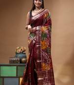 elegant brown silk blend saree with hand-painted floral art & golden zari border