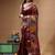 elegant brown silk blend saree with hand-painted floral art & golden zari border