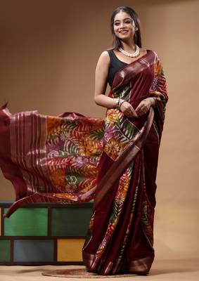 elegant brown silk blend saree with hand-painted floral art & golden zari border 2