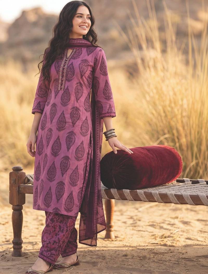 Women Printed Regular Sequinned Pure Cotton Kurta with Salwar & With Dupatta