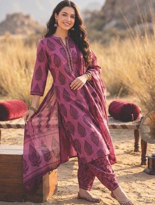 Women Printed Regular Sequinned Pure Cotton Kurta with Salwar & With Dupatta 6
