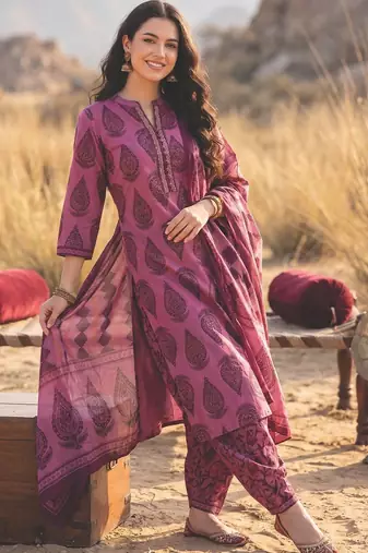 Women Printed Regular Sequinned Pure Cotton Kurta with Salwar & With Dupatta