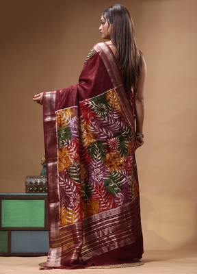 elegant brown silk blend saree with hand-painted floral art & golden zari border 3