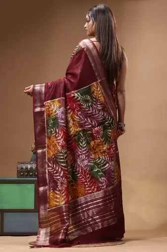 elegant brown silk blend saree with hand-painted floral art & golden zari border