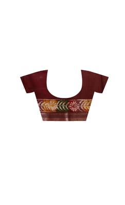 elegant brown silk blend saree with hand-painted floral art & golden zari border 4