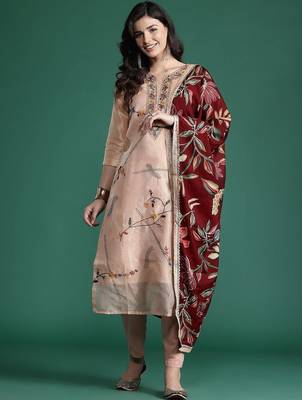 floral embroidered thread work  cotton kurta with trousers & with dupatta 1