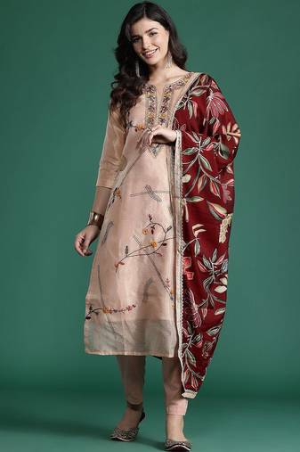 Floral Embroidered Thread Work Pure Cotton Kurta with Trousers & With Dupatta