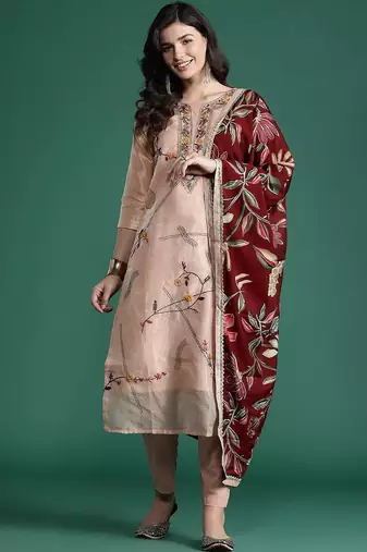 Floral Embroidered Thread Work Pure Cotton Kurta with Trousers & With Dupatta