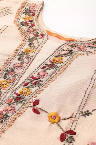 Floral Embroidered Thread Work Pure Cotton Kurta with Trousers & With Dupatta