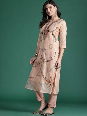 floral embroidered thread work  cotton kurta with trousers & with dupatta 5