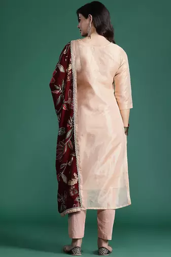 Floral Embroidered Thread Work Pure Cotton Kurta with Trousers & With Dupatta