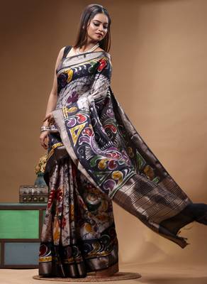 elegant black hand-painted silk blend saree with floral batik print & golden zari border 2