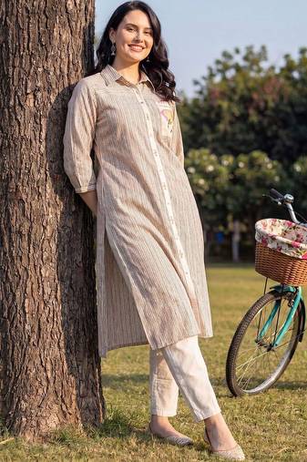 Women Striped Regular Pure Cotton Kurta with Trousers