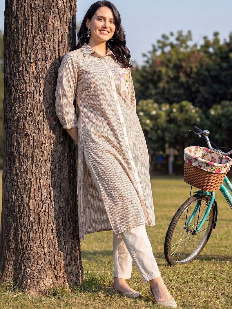 Women Striped Regular Pure Cotton Kurta with Trousers