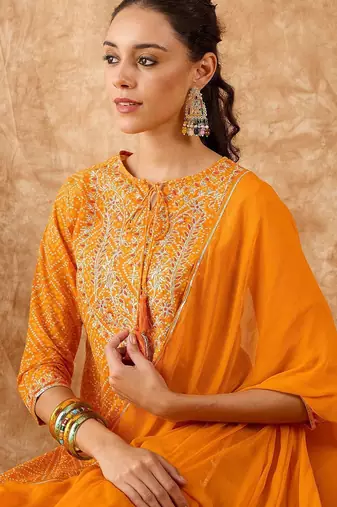 Bandhani Printed Straight Gotta Patti Kurta with Skirt & Dupatta