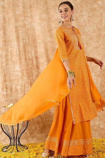 Bandhani Printed Straight Gotta Patti Kurta with Skirt & Dupatta