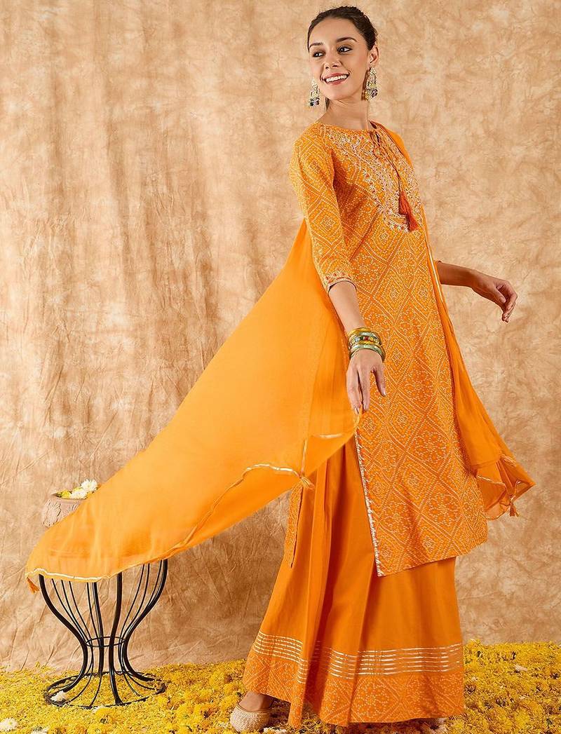Bandhani Printed Straight Gotta Patti Kurta with Skirt & Dupatta