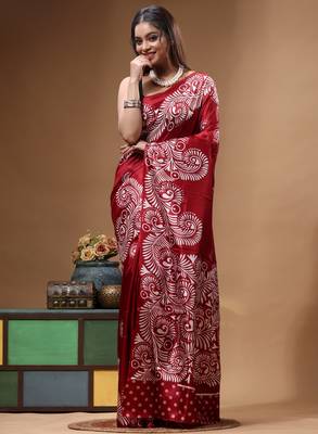 elegant maroon printed silk blend saree with white paisley print 1
