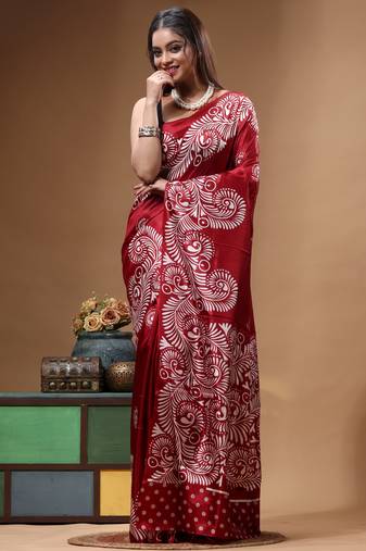 elegant maroon printed silk blend saree with white paisley print