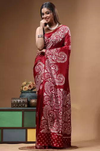 elegant maroon printed silk blend saree with white paisley print