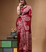 elegant maroon printed silk blend saree with white paisley print