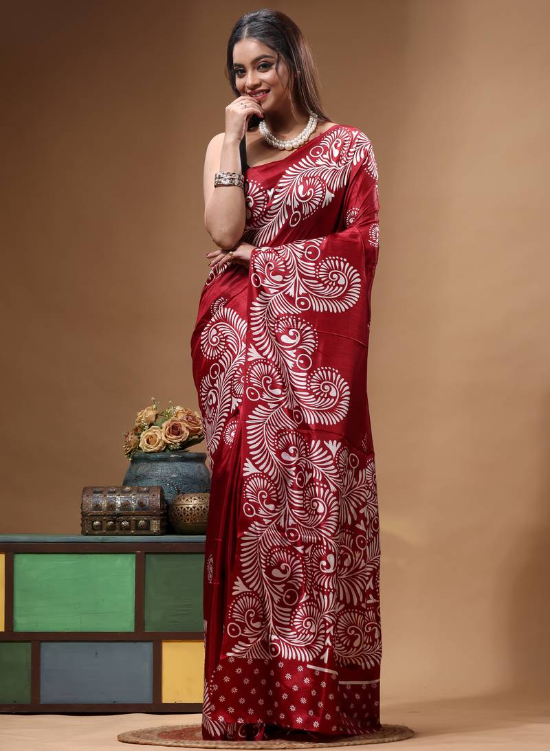 elegant maroon printed silk blend saree with white paisley print