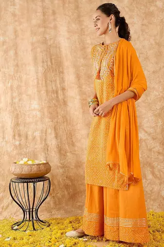 Bandhani Printed Straight Gotta Patti Kurta with Skirt & Dupatta