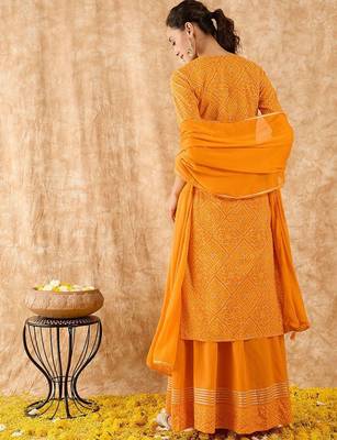 Bandhani Printed Straight Gotta Patti Kurta with Skirt & Dupatta 6