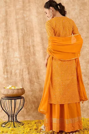 Bandhani Printed Straight Gotta Patti Kurta with Skirt & Dupatta