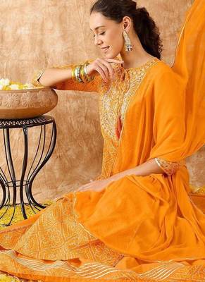 Bandhani Printed Straight Gotta Patti Kurta with Skirt & Dupatta 7